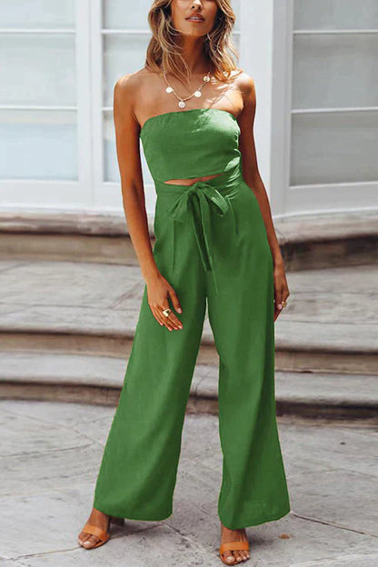 Off Shoulder Bow Tie Waist Wide Leg Jumpsuit Green