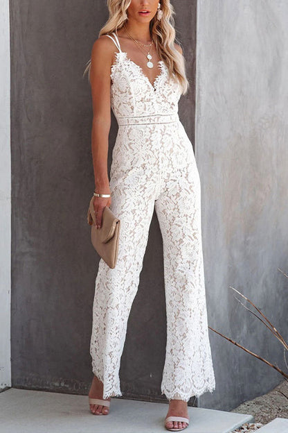 Rosiedress Solid V Neck Waisted Cami Lace Jumpsuit White