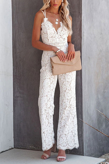 Rosiedress Solid V Neck Waisted Cami Lace Jumpsuit