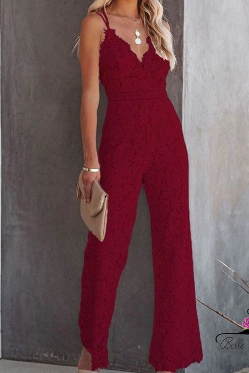 Solid V Neck Waisted Cami Lace Jumpsuit Burgundy