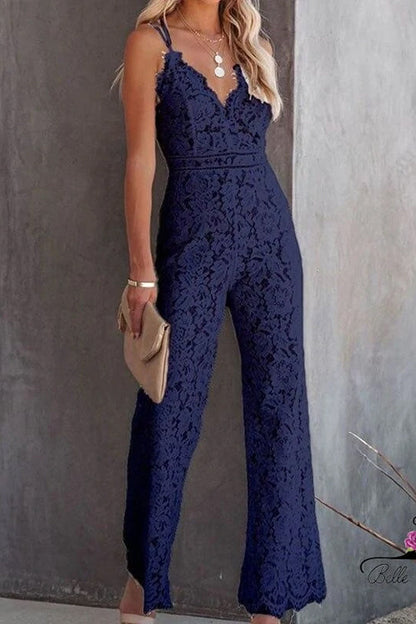 Rosiedress Solid V Neck Waisted Cami Lace Jumpsuit DarkBlue