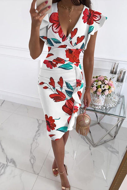 Rosiedress Ruffle V Neck Sleeveless High Waist Printed Dress White