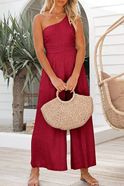 Rosiedress One Shoulder Sleeveless Wide Leg Jumpsuit Red