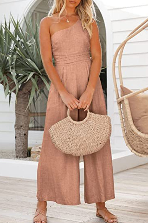 Rosiedress One Shoulder Sleeveless Wide Leg Jumpsuit Pink