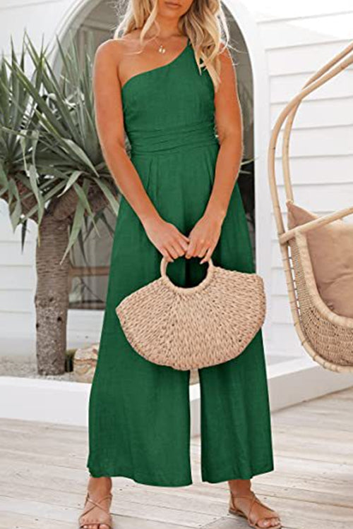 Rosiedress One Shoulder Sleeveless Wide Leg Jumpsuit BrightGreen