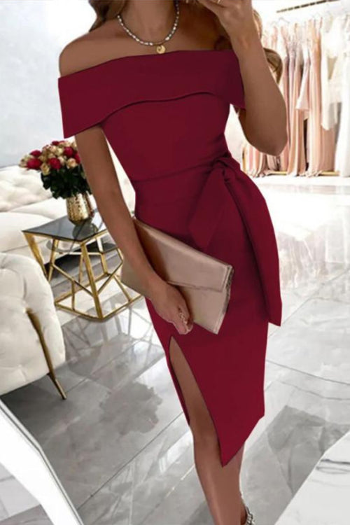 Rosiedress Off Shoulder Tie Waist Side Split Dress Red