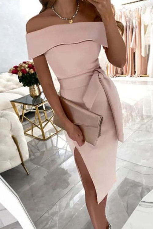 Off Shoulder Tie Waist Side Split Dress Pink