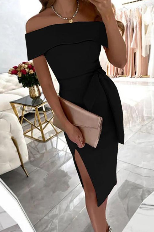 Rosiedress Off Shoulder Tie Waist Side Split Dress Black