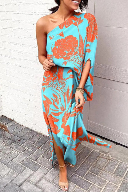 Casual One Shoulder Side Split Printed Dress LightBlue