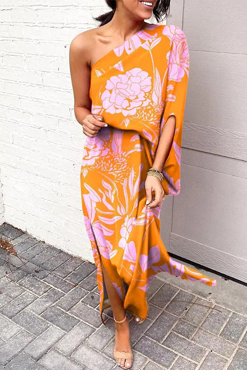 Casual One Shoulder Side Split Printed Dress Orange