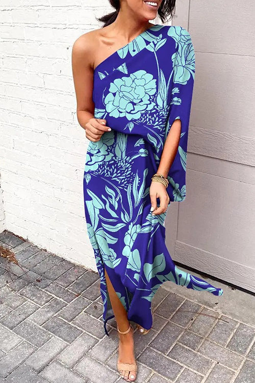 Casual One Shoulder Side Split Printed Dress Blue