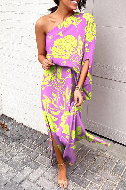 Casual One Shoulder Side Split Printed Dress Purple