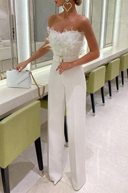 Off Shoulder Feather Splice Belted Jumpsuit White
