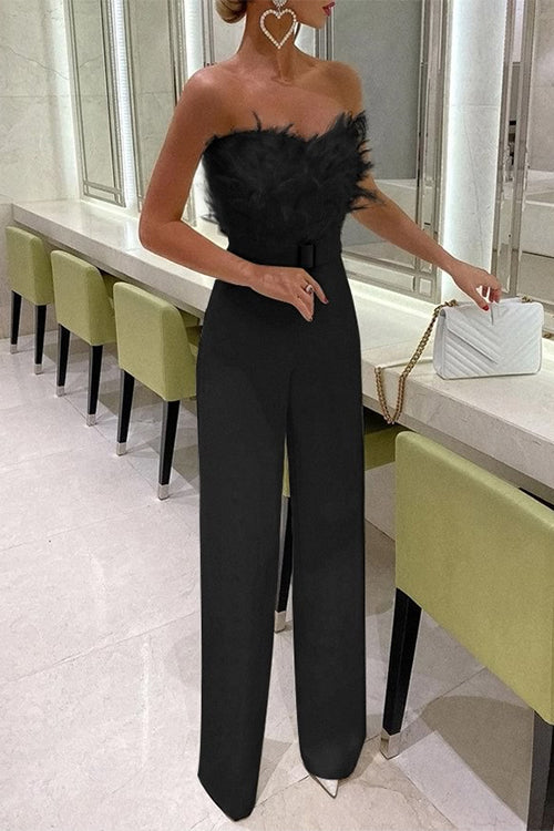 Rosiedress Off Shoulder Feather Splice Belted Jumpsuit Black