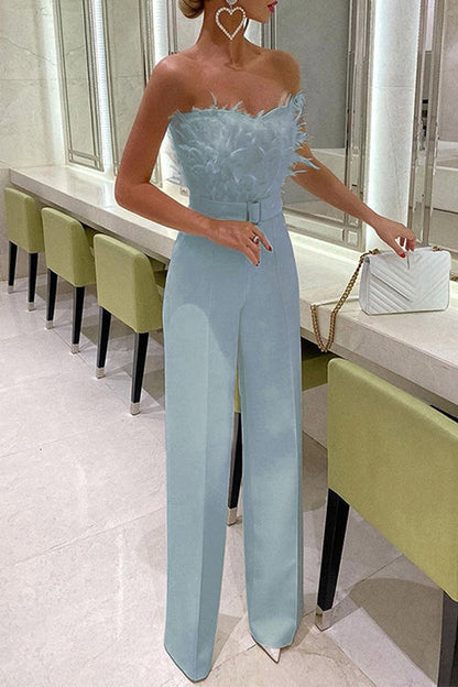 Off Shoulder Feather Splice Belted Jumpsuit Blue