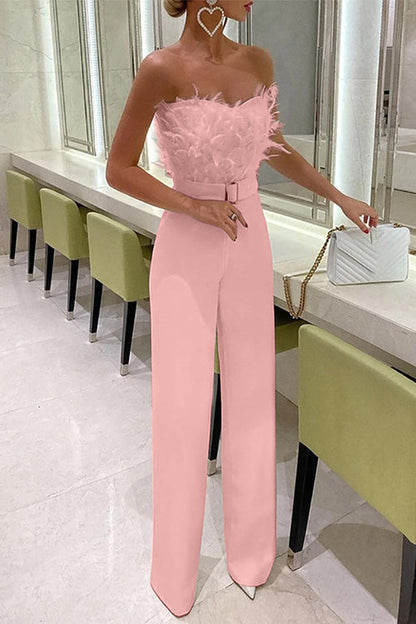 Off Shoulder Feather Splice Belted Jumpsuit Pink
