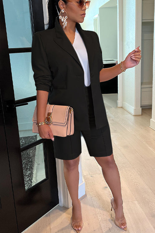 Rosiedress Solid Long Sleeve Blazer and Shorts Office Set Black