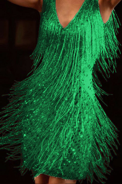 Tassel V Neck Sleeveless Glitter Pencil Dress Green