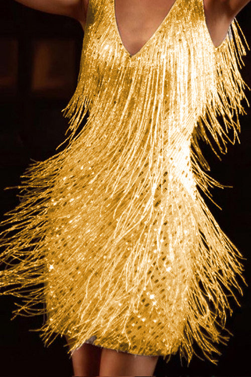 Tassel V Neck Sleeveless Glitter Pencil Dress Gold