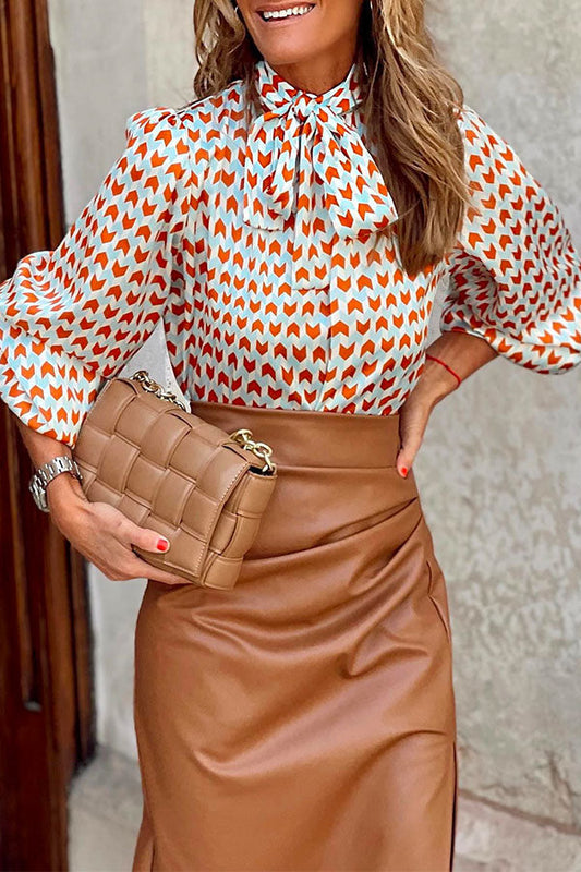 Rosiedress Bow Knot Long Sleeve Printed Blouse Shirt LightBrown