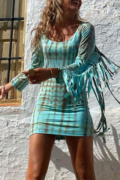 Rosiedress Tassel Long Sleeve Tie Dye Bodycon Dress Blue