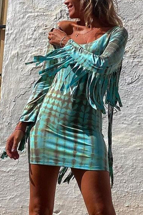 Rosiedress Tassel Long Sleeve Tie Dye Bodycon Dress