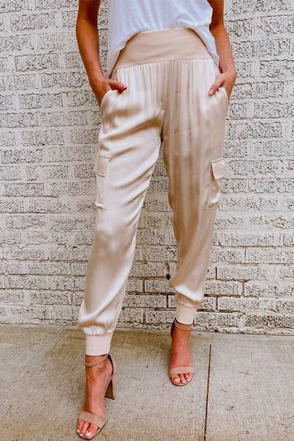 Fashion Style High Waist Satin Pants with Pockets Champagne