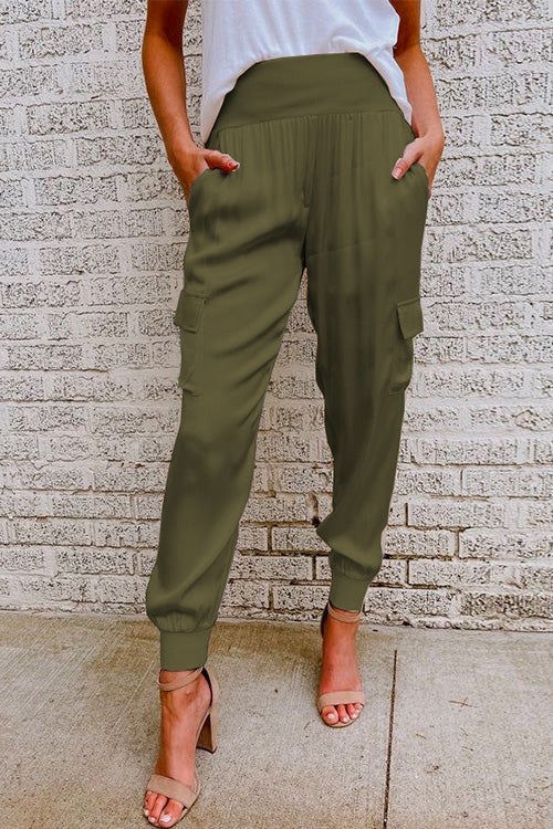 Rosiedress Fashion Style High Waist Satin Pants with Pockets ArmyGreen