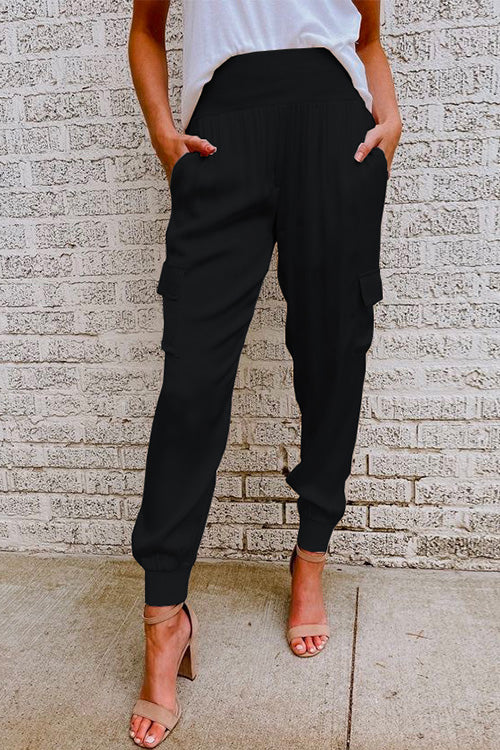 Fashion Style High Waist Satin Pants with Pockets Black