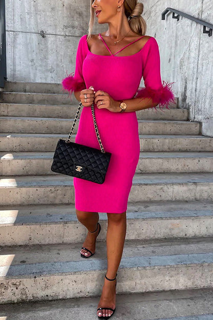 off Shoulder Half Sleeve Solid Bodycon Dress HotPink