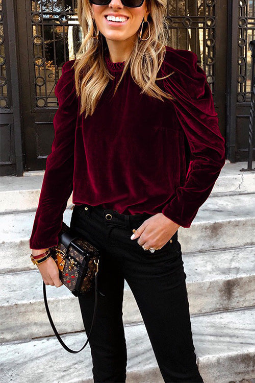 Rosiedress Turtleneck Puff Sleeve Loose Velvet Sweatshirt