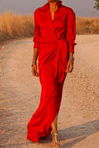 V Neck Long Sleeve Tie Waist Satin Dress Red