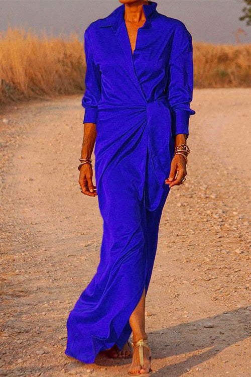 V Neck Long Sleeve Tie Waist Satin Dress Blue