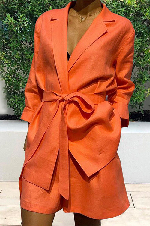 Rosiedress V Neck Long Sleeve Wrapped Top and Wide Leg Shorts Solid Set Orange