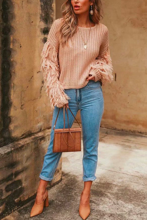 Rosiedress Stylish Tassel Long Sleeve Knit Pullover Sweater Pink