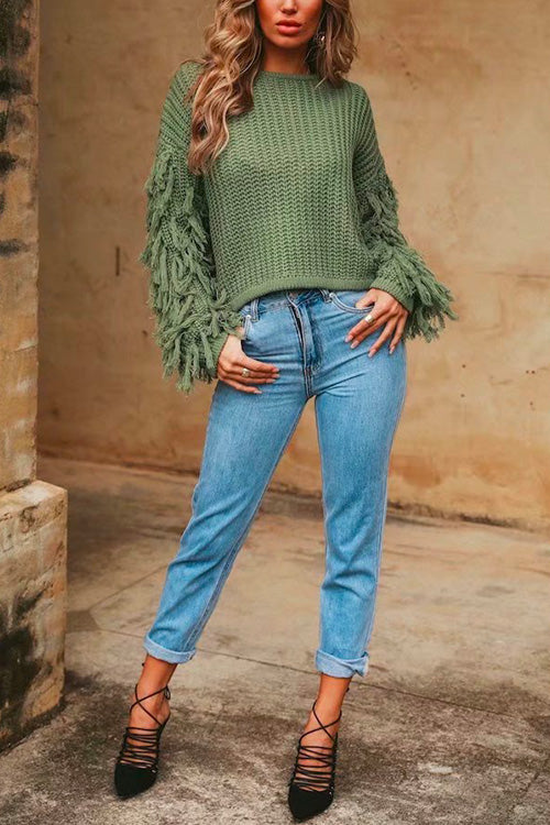 Rosiedress Stylish Tassel Long Sleeve Knit Pullover Sweater Green