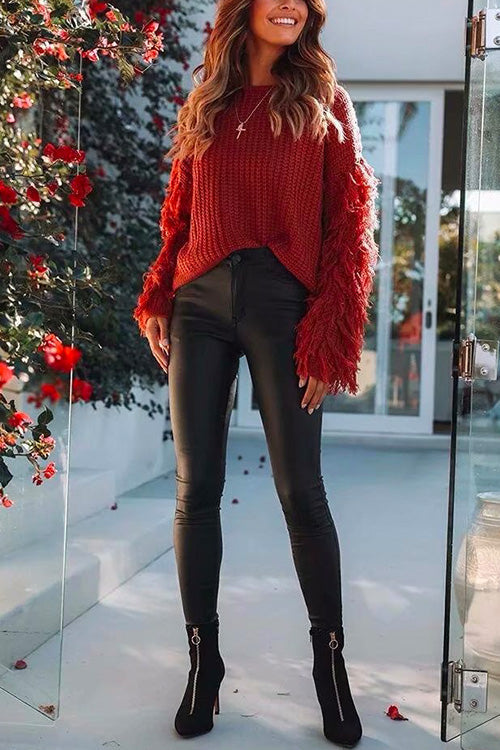 Rosiedress Stylish Tassel Long Sleeve Knit Pullover Sweater Burgundy