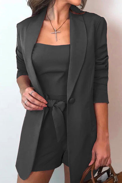 Square Collar Top and One Button Cardigans Tie Waist Shorts Three Pieces Black