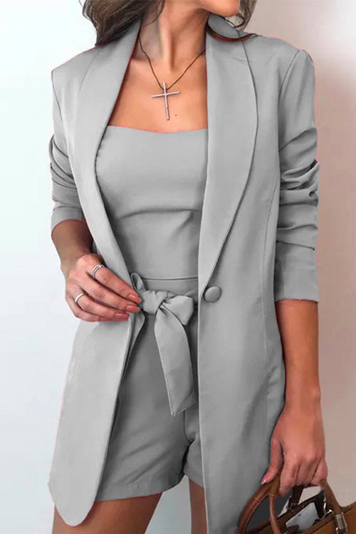 Rosiedress Square Collar Top and One Button Cardigans Tie Waist Shorts Three Pieces Gray