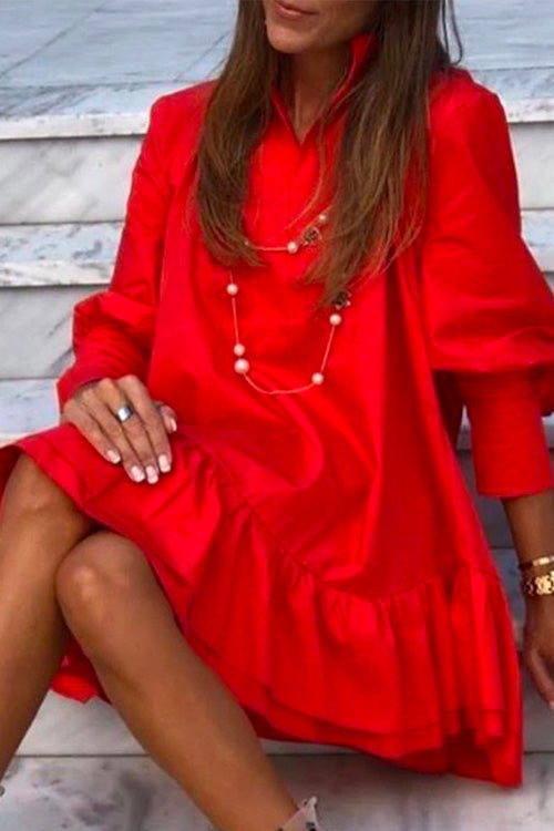 Rosiedress V Neck Lantern Sleeve Ruffle Layered Dress Red