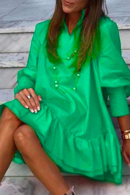 V Neck Lantern Sleeve Ruffle Layered Dress Green