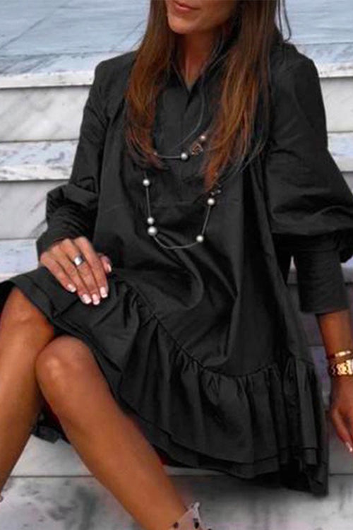 V Neck Lantern Sleeve Ruffle Layered Dress Black