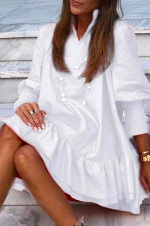 V Neck Lantern Sleeve Ruffle Layered Dress White