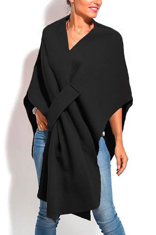 Rosiedress Solid V Neck Wrapped Batwing Cloak Sweater Black