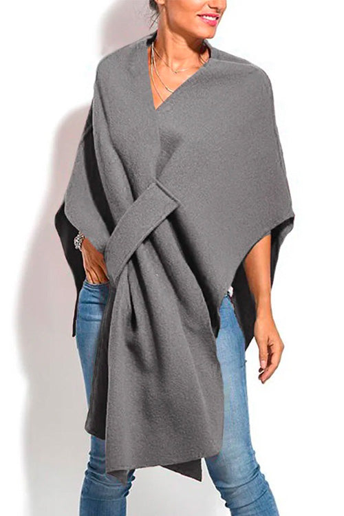 Rosiedress Solid V Neck Wrapped Batwing Cloak Sweater Gray