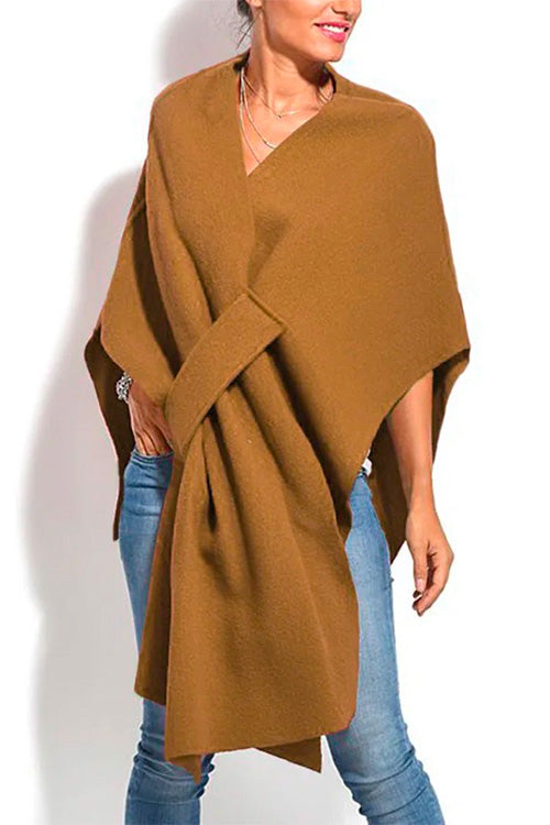 Rosiedress Solid V Neck Wrapped Batwing Cloak Sweater Camel