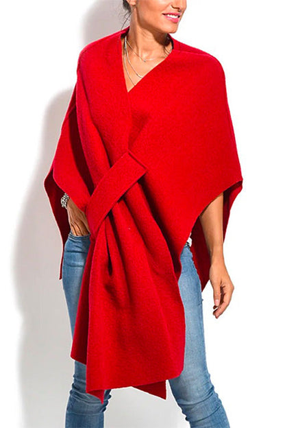 Rosiedress Solid V Neck Wrapped Batwing Cloak Sweater