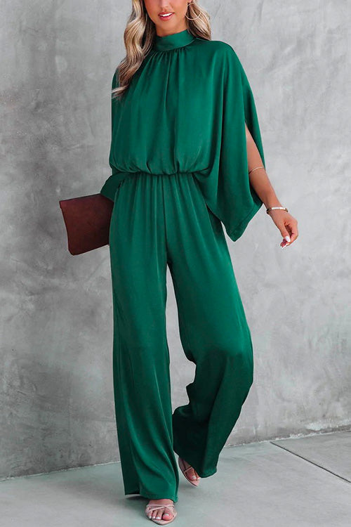 Rosiedress Stand Collar Slit Sleeve Waisted Wide Leg Jumpsuits( in 5 Colors) Green