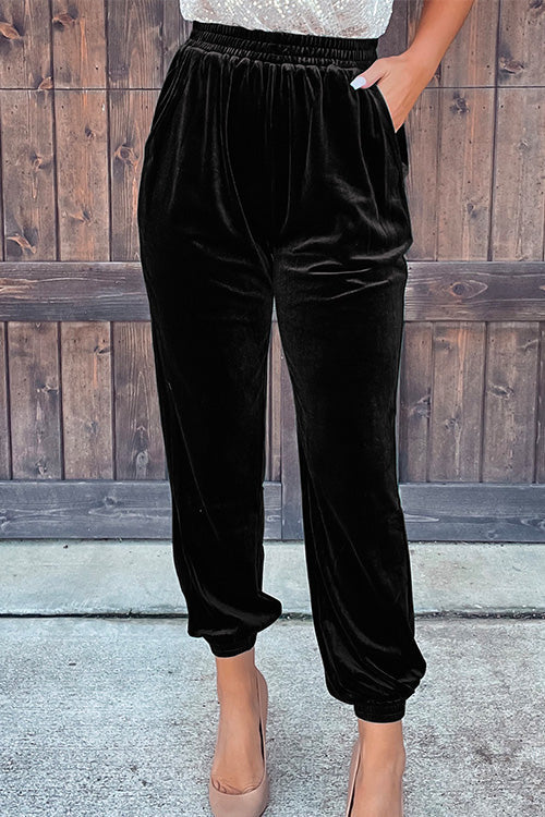 Rosiedress Elastic Waist Velvet Joggers Pants with Pockets Black