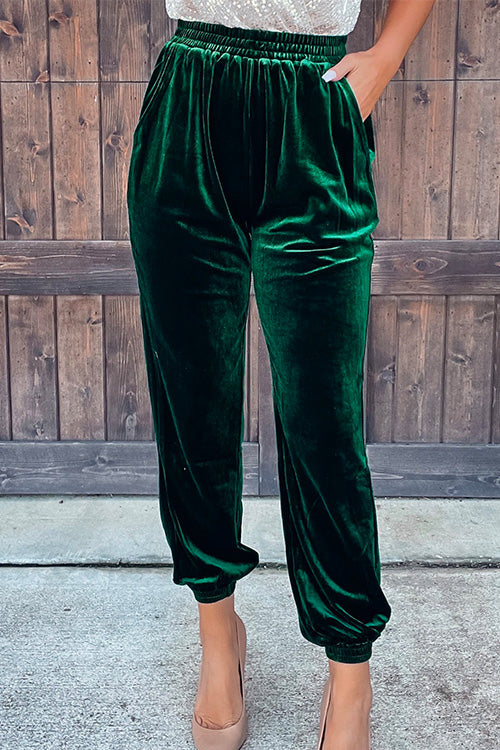 Rosiedress Elastic Waist Velvet Joggers Pants with Pockets Green